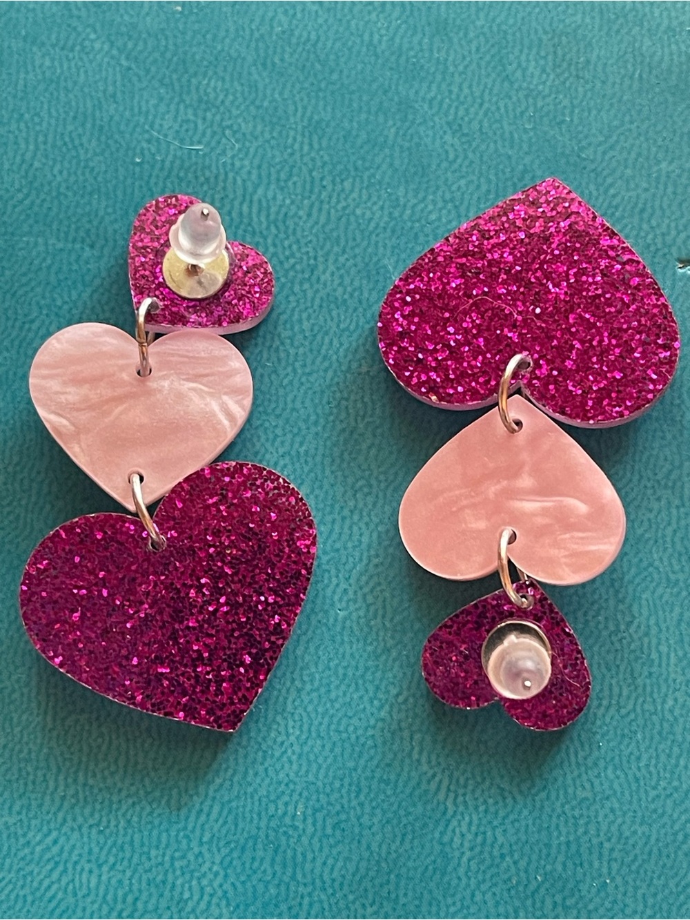 Pink Glitter & Pearl Heart Drop Earrings - Women Jewelry
